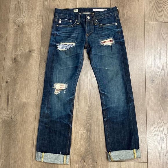 AG Adriano Goldschmied Tomboy Boyfriend Distressed Cropped Blue Denim Jeans 24 - Picture 2 of 12